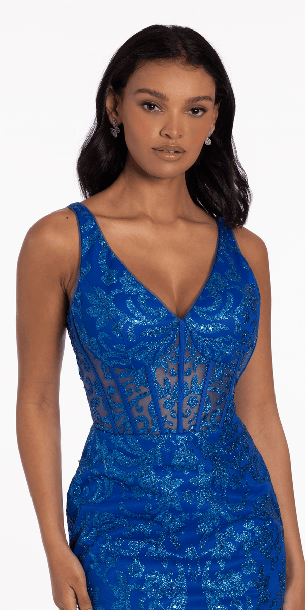 royal-blue/size/4/missy/Camille La Vie/V Back Glitter Mesh Corset Bodycon Dress/close up 1
