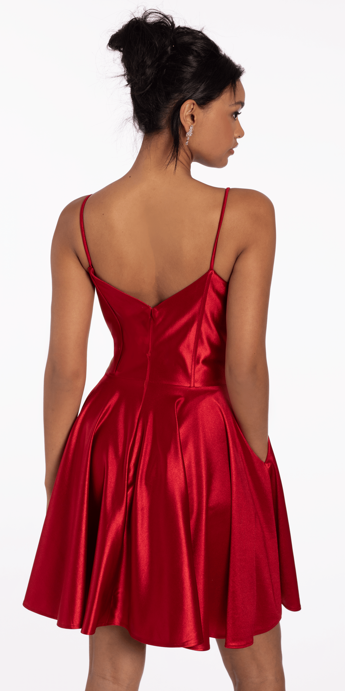 Camille La Vie/ Pleated Shimmer Satin Corset Skater Dress/wine/size 0/missy/back