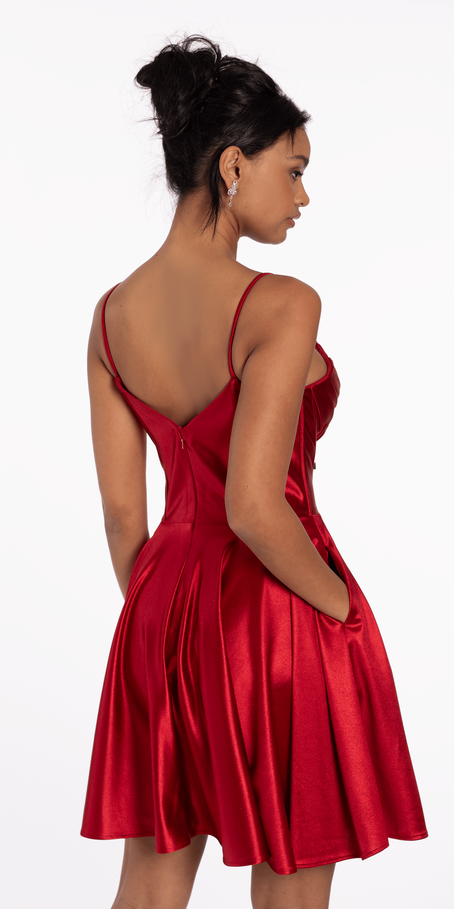 Camille La Vie Pleated Shimmer Satin Corset Skater Dress with Pockets