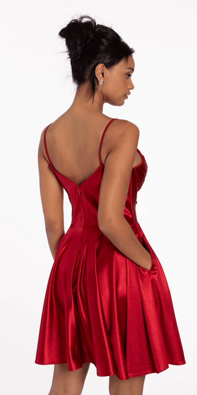 Red Spaghetti Strap Skater Dress Pleated Shimmer Satin Corset Skater Dress With Pockets Red Spaghetti Strap Skater Dress Pleated Shimmer Satin Corset Skater Dress With Pockets