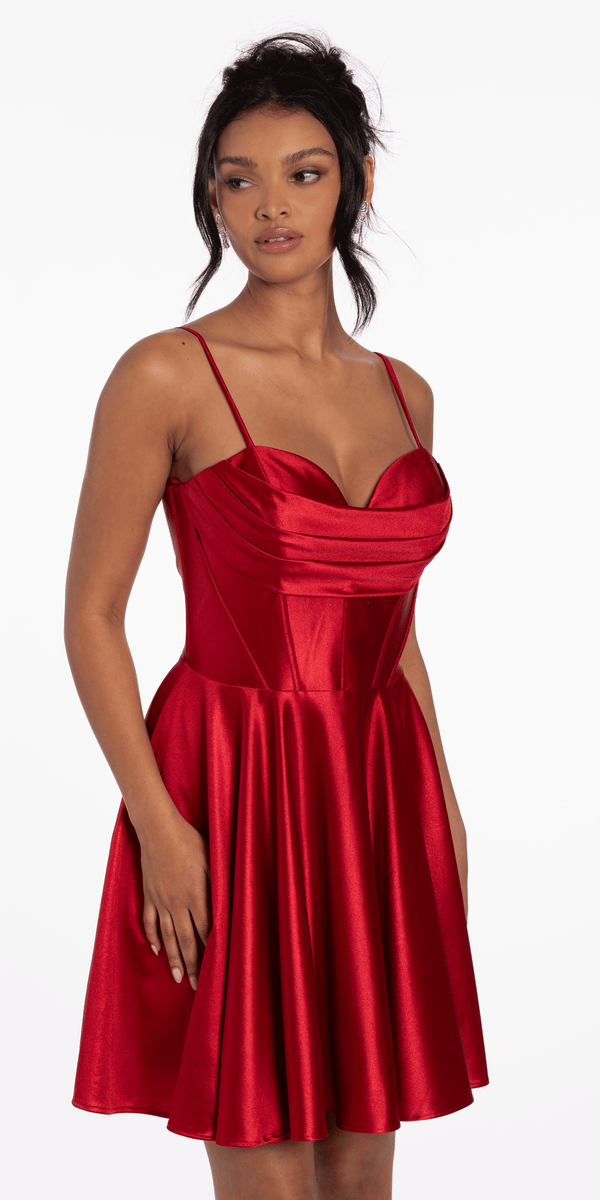 Pleated Shimmer Satin Corset Skater Dress with Pockets missy / 12 / wine