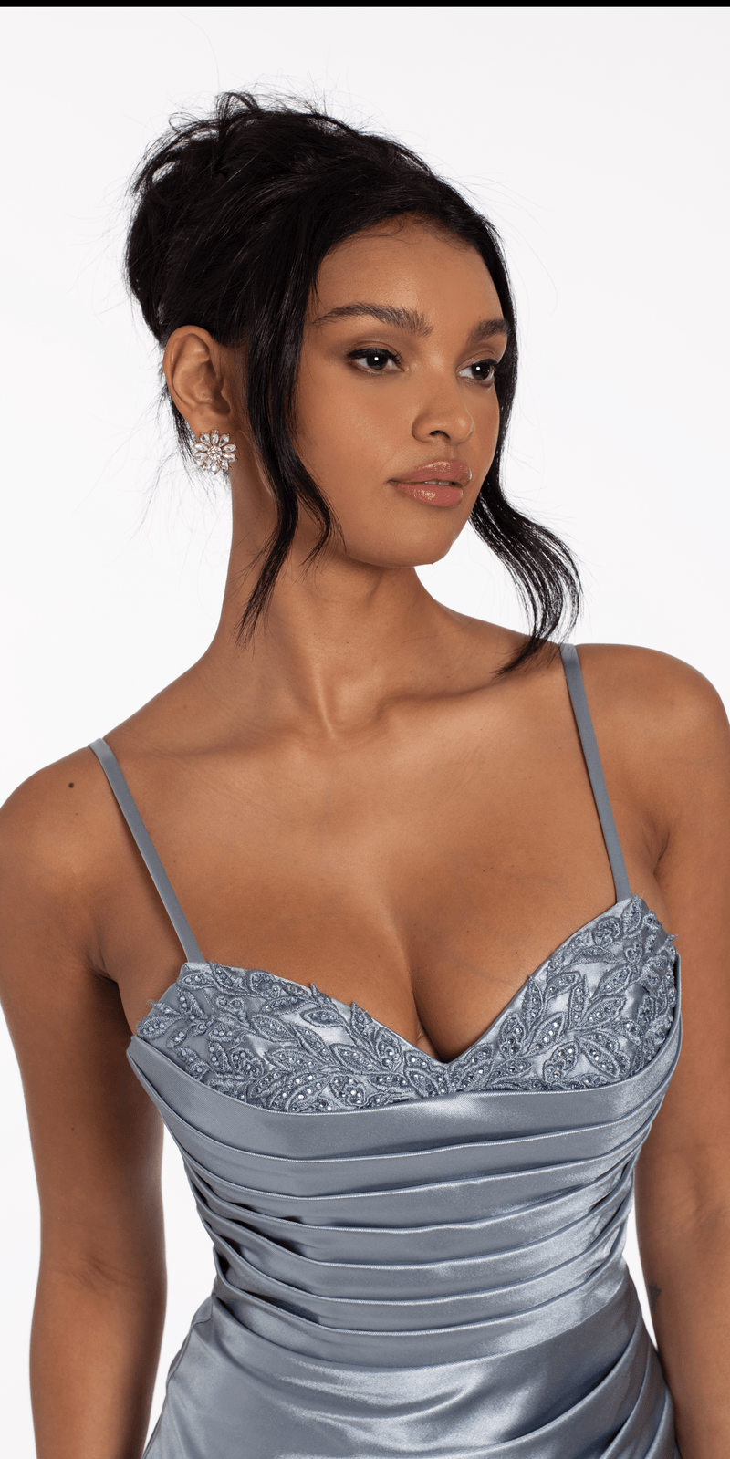 Pleated Embellished Stretch Satin Sweetheart Bodycon Dress Image 2