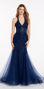 Sequin Embroidered Halter Corset Tulle Mermaid Dress Image 3