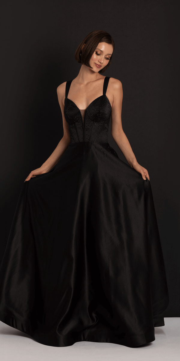 black/size/4/missy/Camille La Vie/Beaded Satin Sweetheart Corset A Line Dress with Pockets /front 1
