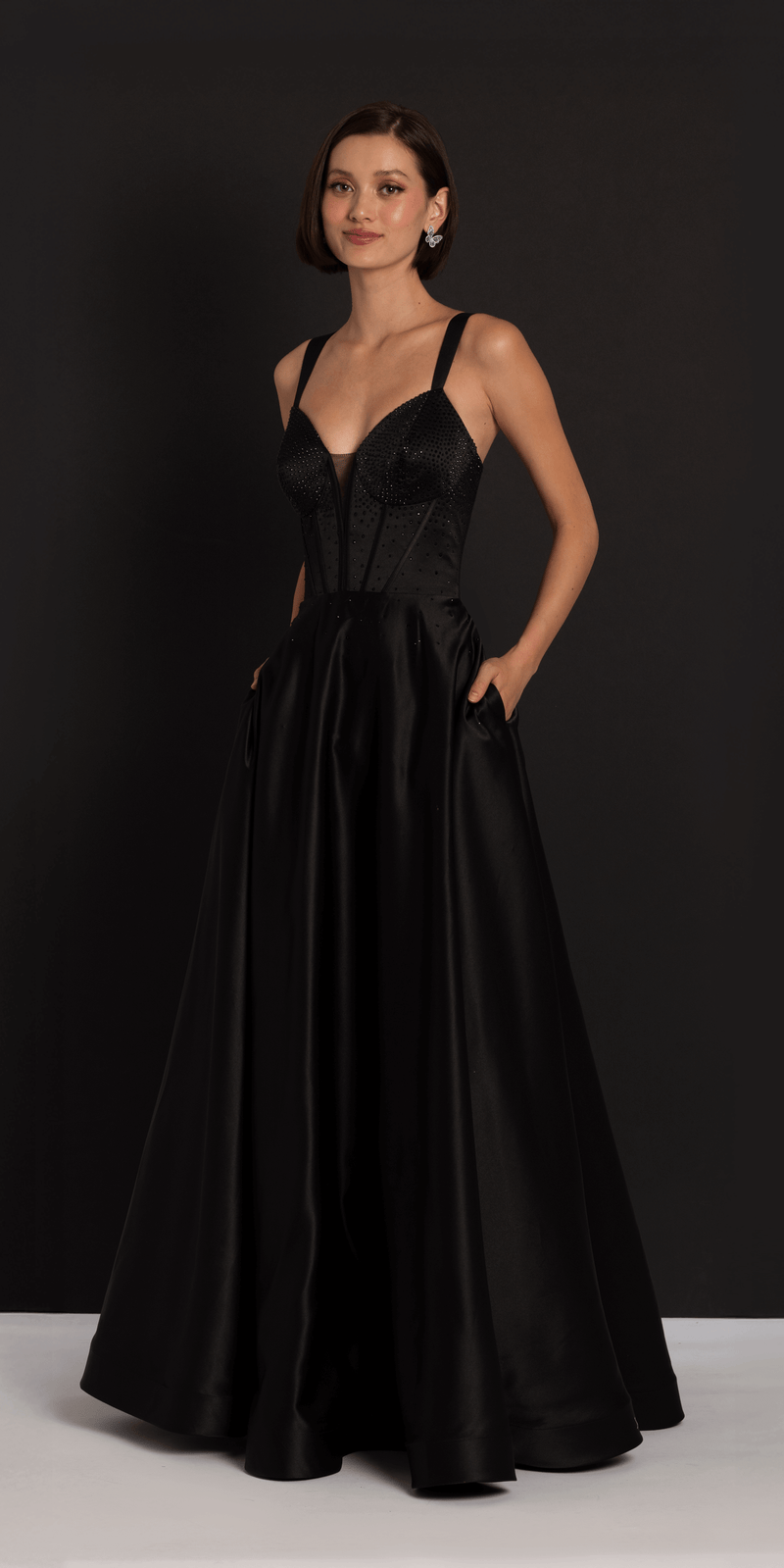 Beaded Satin Sweetheart Corset A Line Dress with Pockets missy / 2 / Black