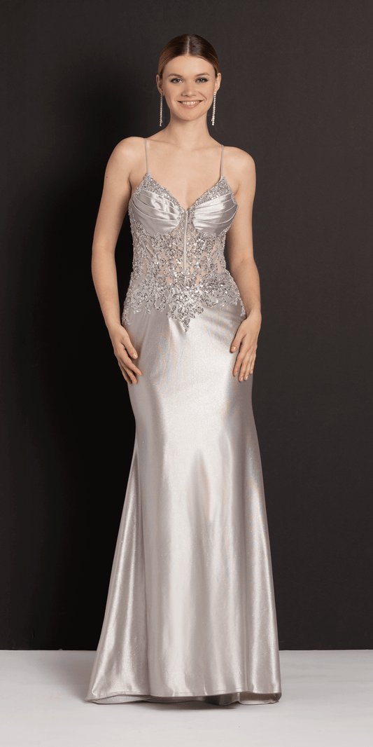 pleated metallic satin dress & other stories Satin Embellished Pleated Sweetheart Glitter Column Dress missy / 10 / silver