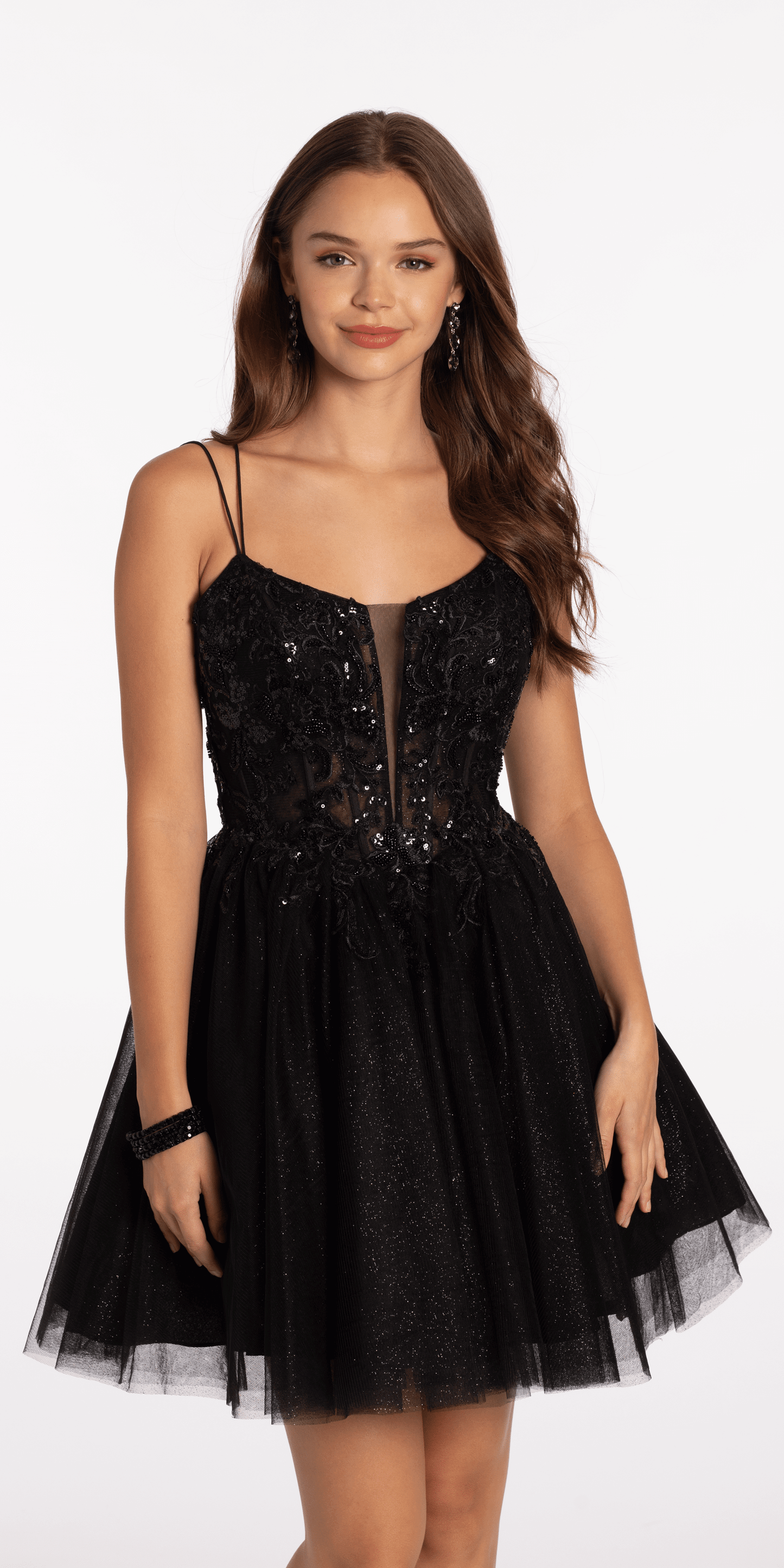 Mesh Plunge Fit and Flare Dress with Beaded Appliques Camille La Vie Mesh Plunge Fit and Flare Dress with Beaded Appliques Camille La Vie
