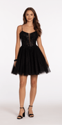 Mesh Plunge Fit and Flare Dress with Beaded Appliques Image 3