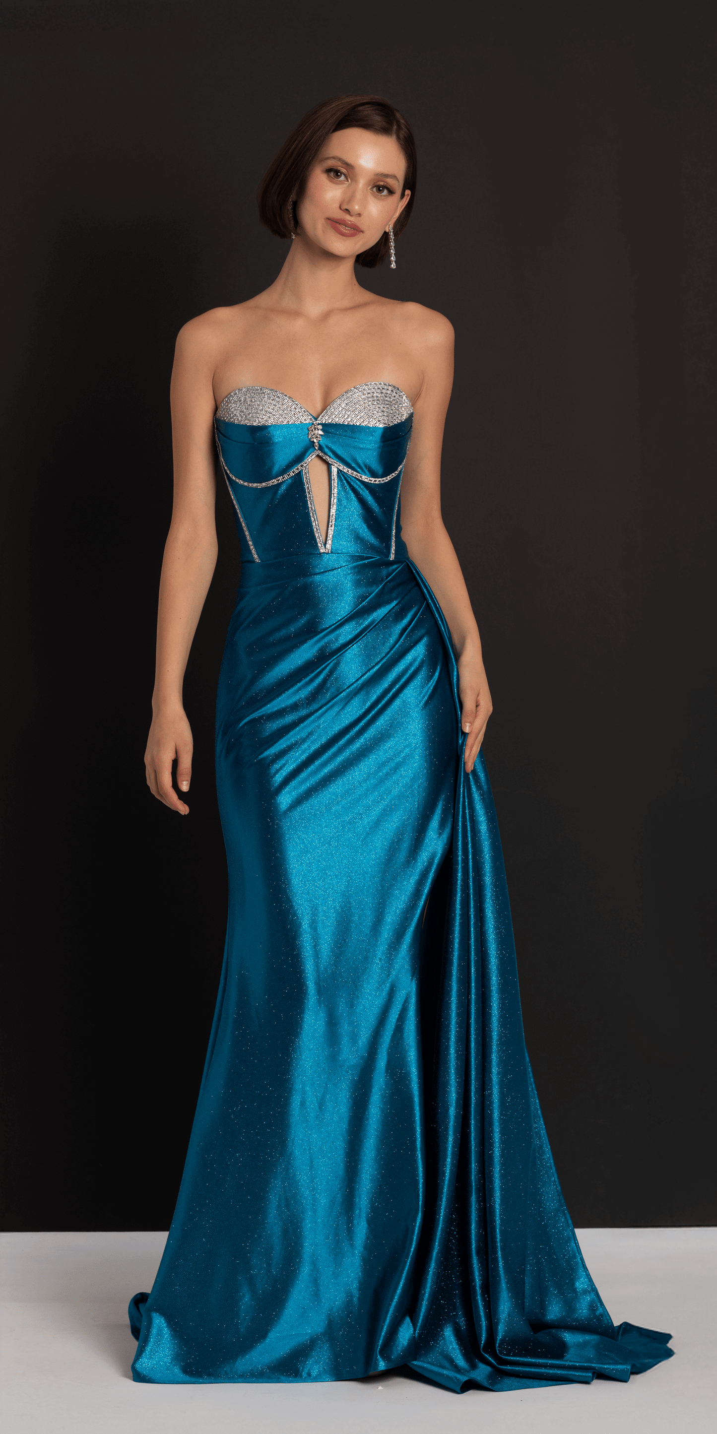 teal/size/missy/0/Camille La Vie/Satin Strapless Rhinestone A Line Dress with Peek-a-Boo Bodice/alt