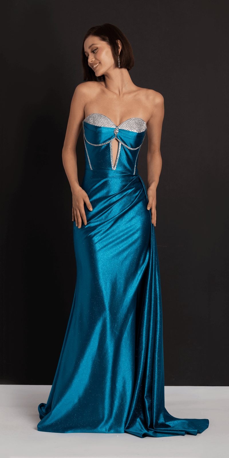 Satin Strapless Rhinestone A Line Dress with Peek-A-Boo Bodice Missy / 12 / Teal Satin Strapless Rhinestone A Line Dress with Peek-A-Boo Bodice Missy / 12 / Teal