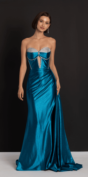 Satin Strapless Rhinestone A Line Dress with Peek-a-Boo Bodice missy / 12 / teal