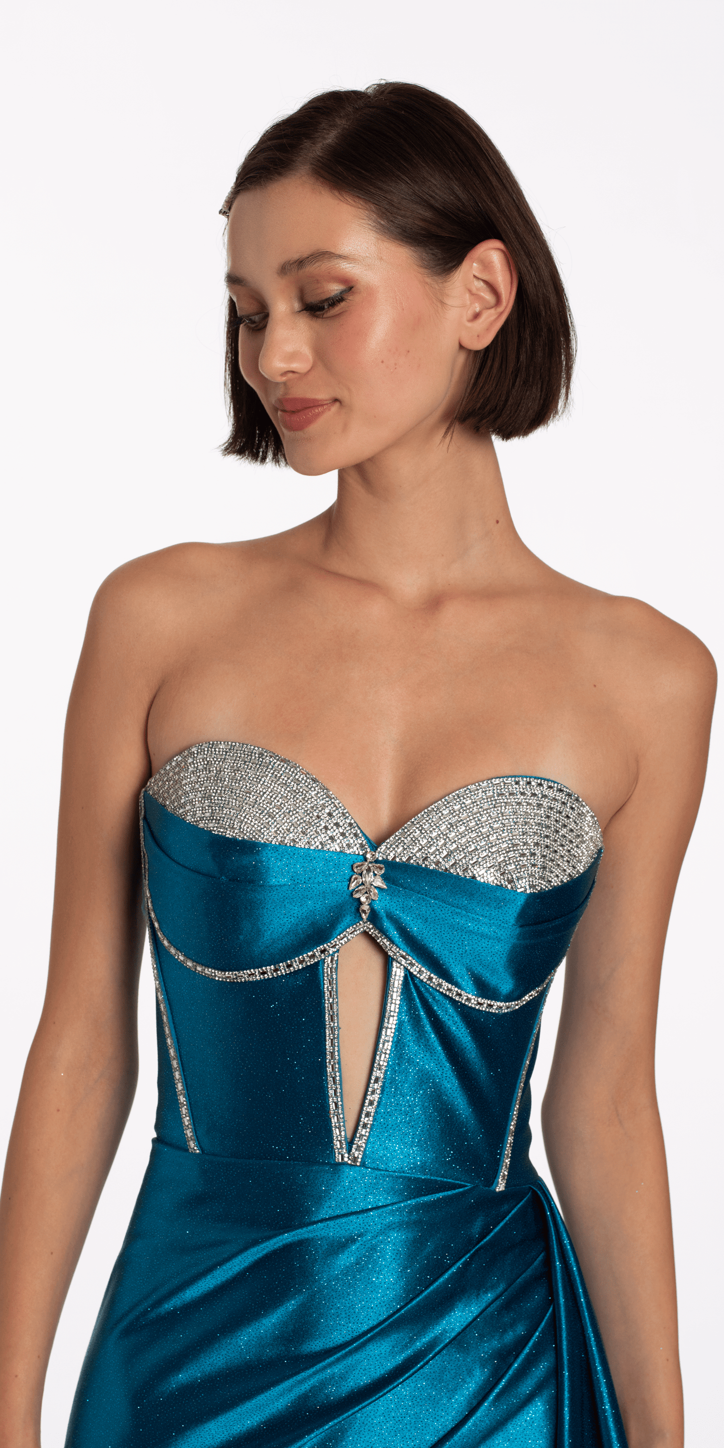 teal/size/0/missy/Camille La Vie/Satin Strapless Rhinestone A Line Dress with Peek-a-Boo Bodice/close up