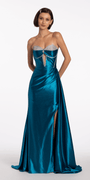 Satin Strapless Rhinestone A Line Dress with Peek-a-Boo Bodice Image 4