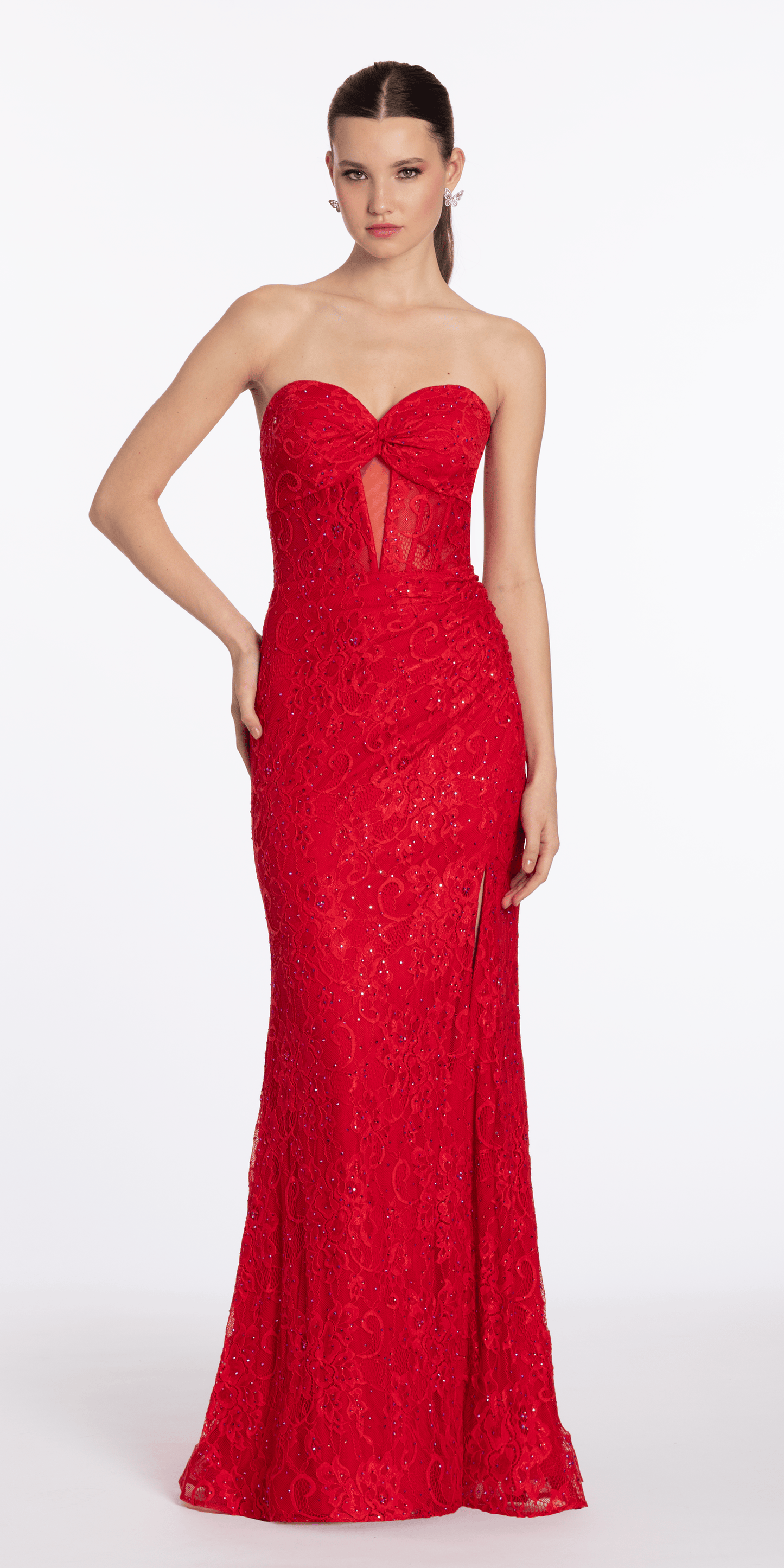 red/size/0/missy/Camille La Vie/ Lace Embellished Strapless Trumpet Dress with Peek-a-Boo Illusion Corset   Dress/front