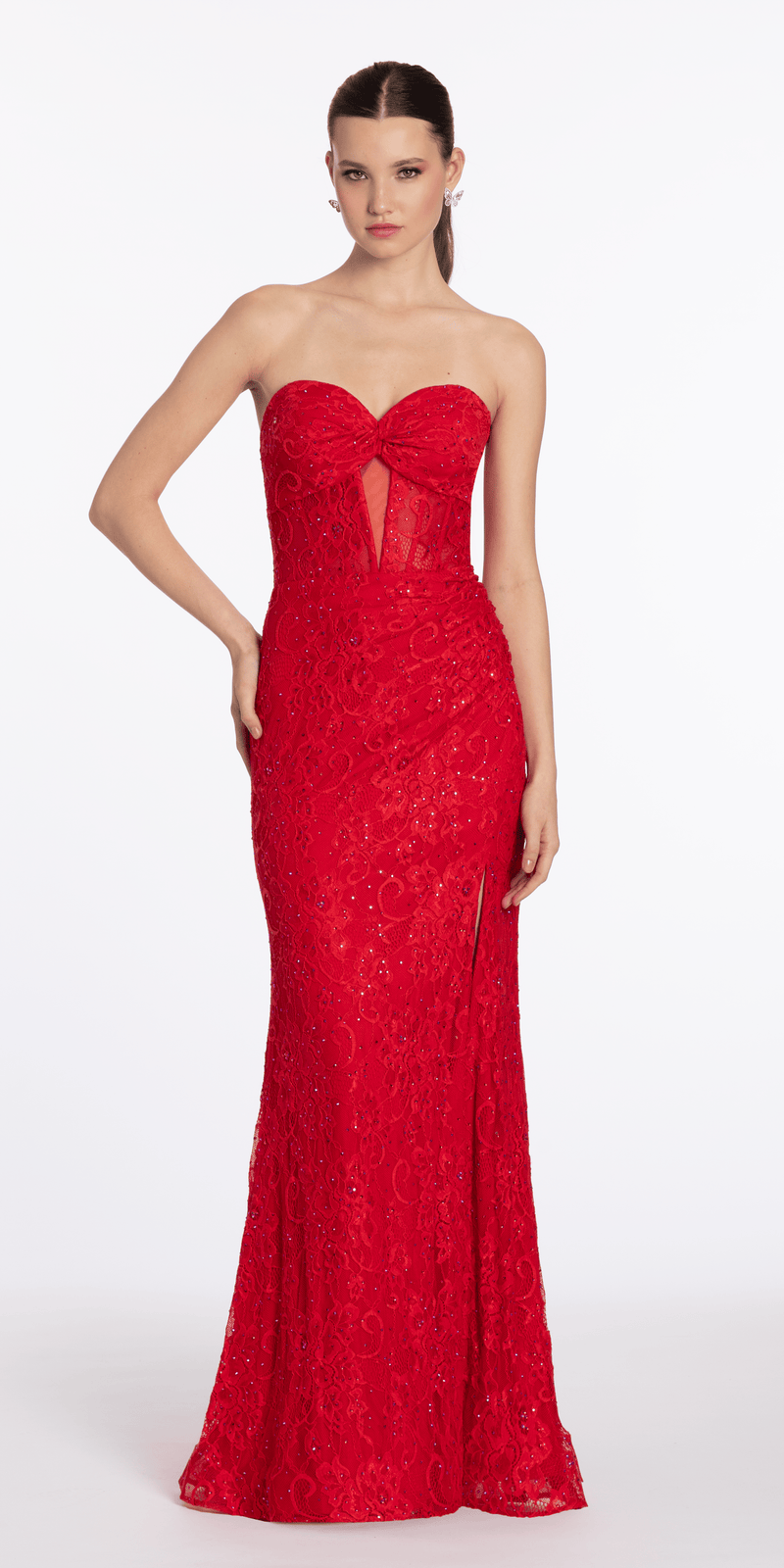 Lace Embellished Strapless Trumpet Dress with Peek-a-Boo Illusion Corset missy / 00 / red Lace Embellished Strapless Trumpet Dress with Peek-a-Boo Illusion Corset missy / 00 / red