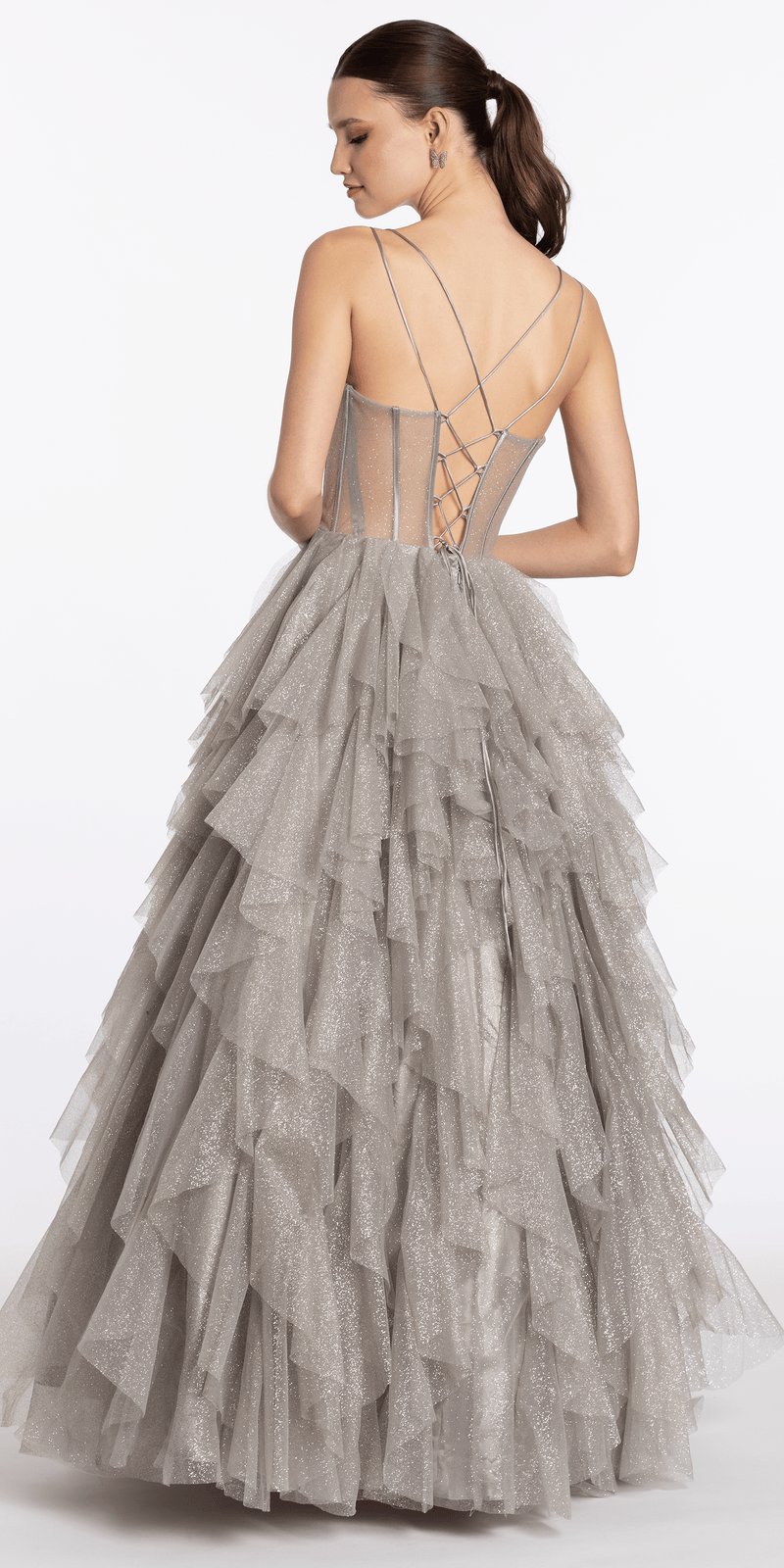 silver/size/4/missy/Camille La Vie/Strappy Back Rhinestone Corset Glitter Tulle Ballgown/back