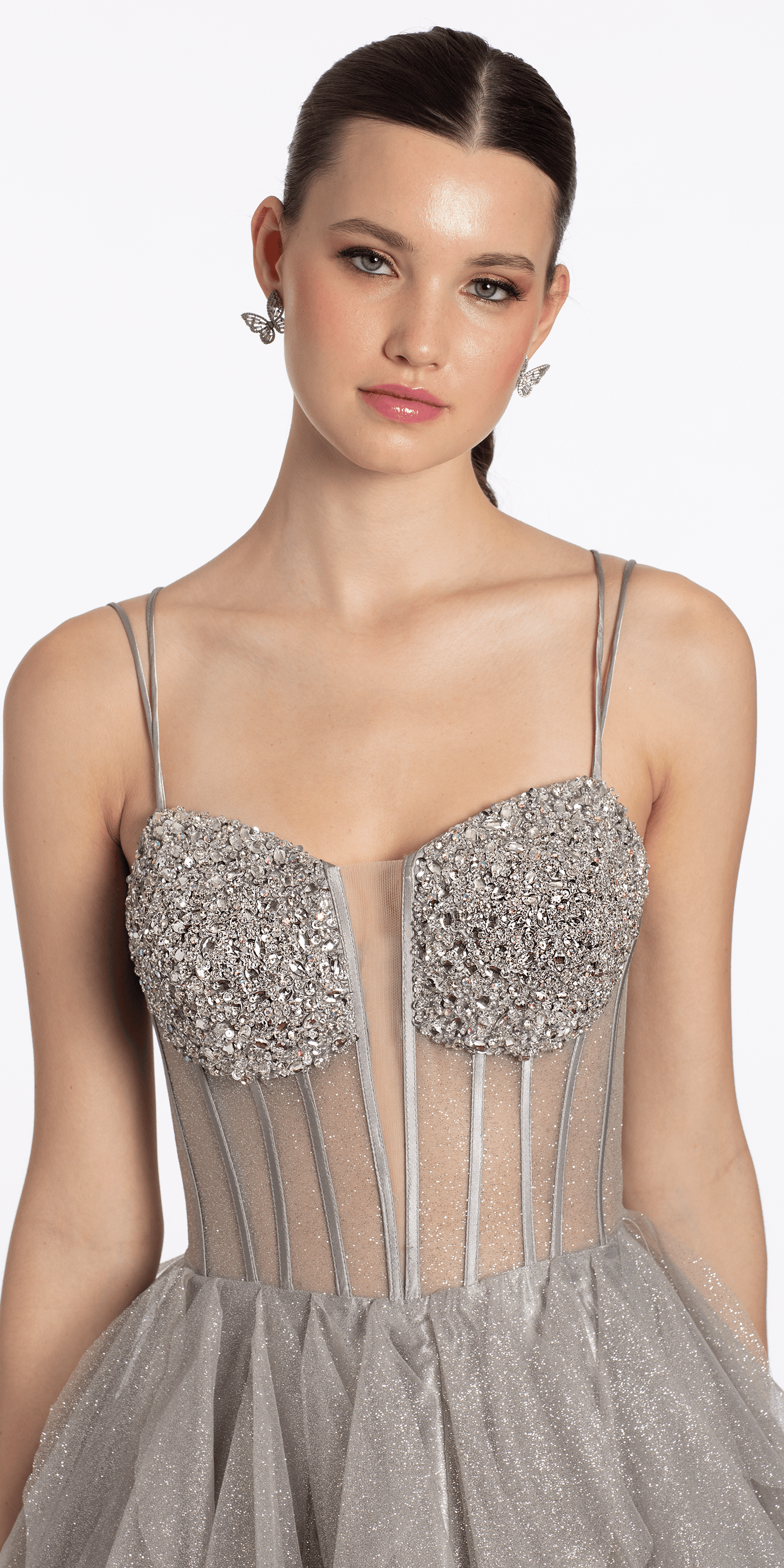 silver/size/4/missy/Camille La Vie/Strappy Back Rhinestone Corset Glitter Tulle Ballgown/close up