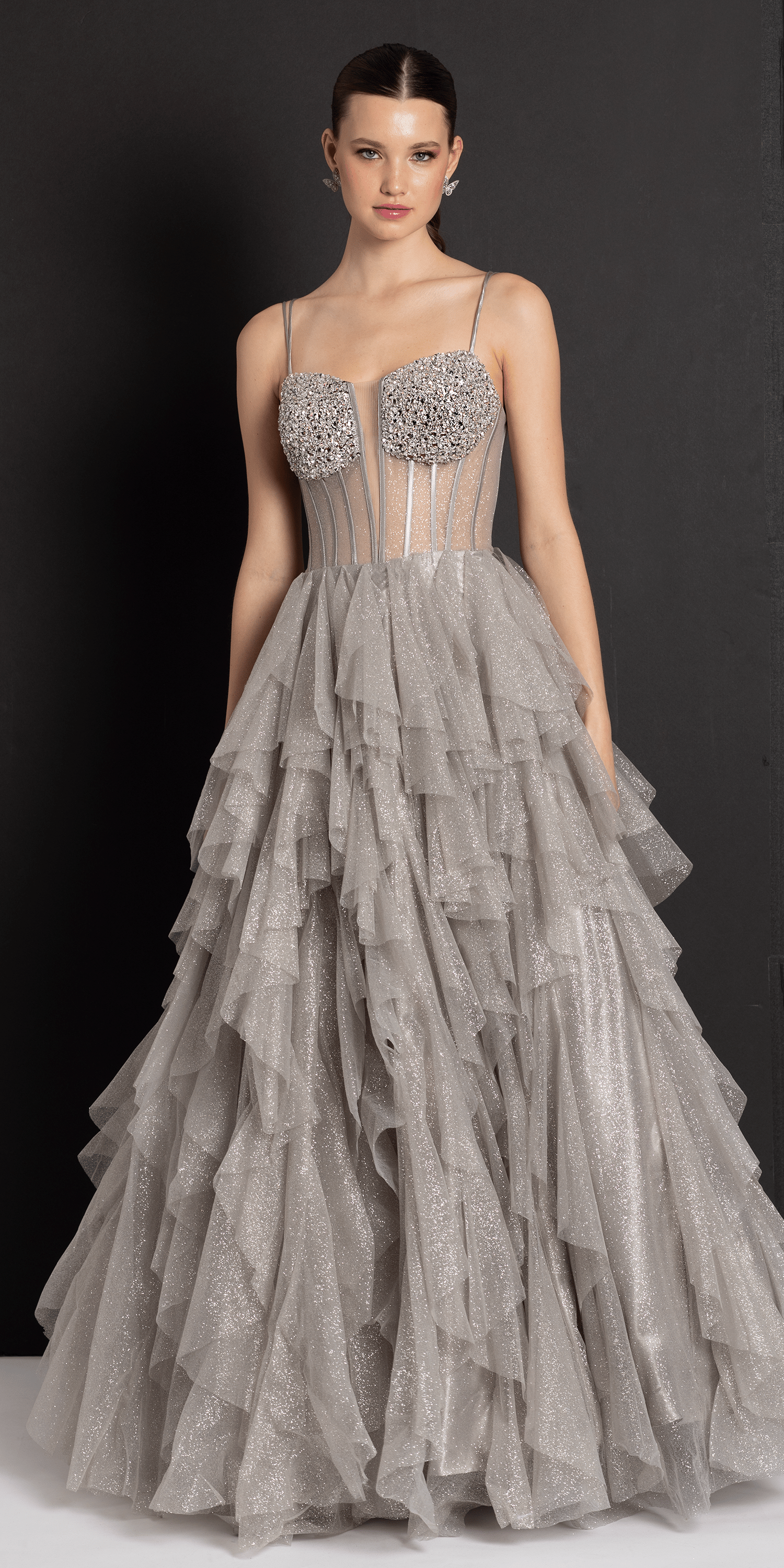 prom dresses silver Ladivine CC475 Beaded Corset Scoop Neckline Dress Glass Slipper Formals our Straps Sleeveless V Silver Prom Dresses Silver Satin
