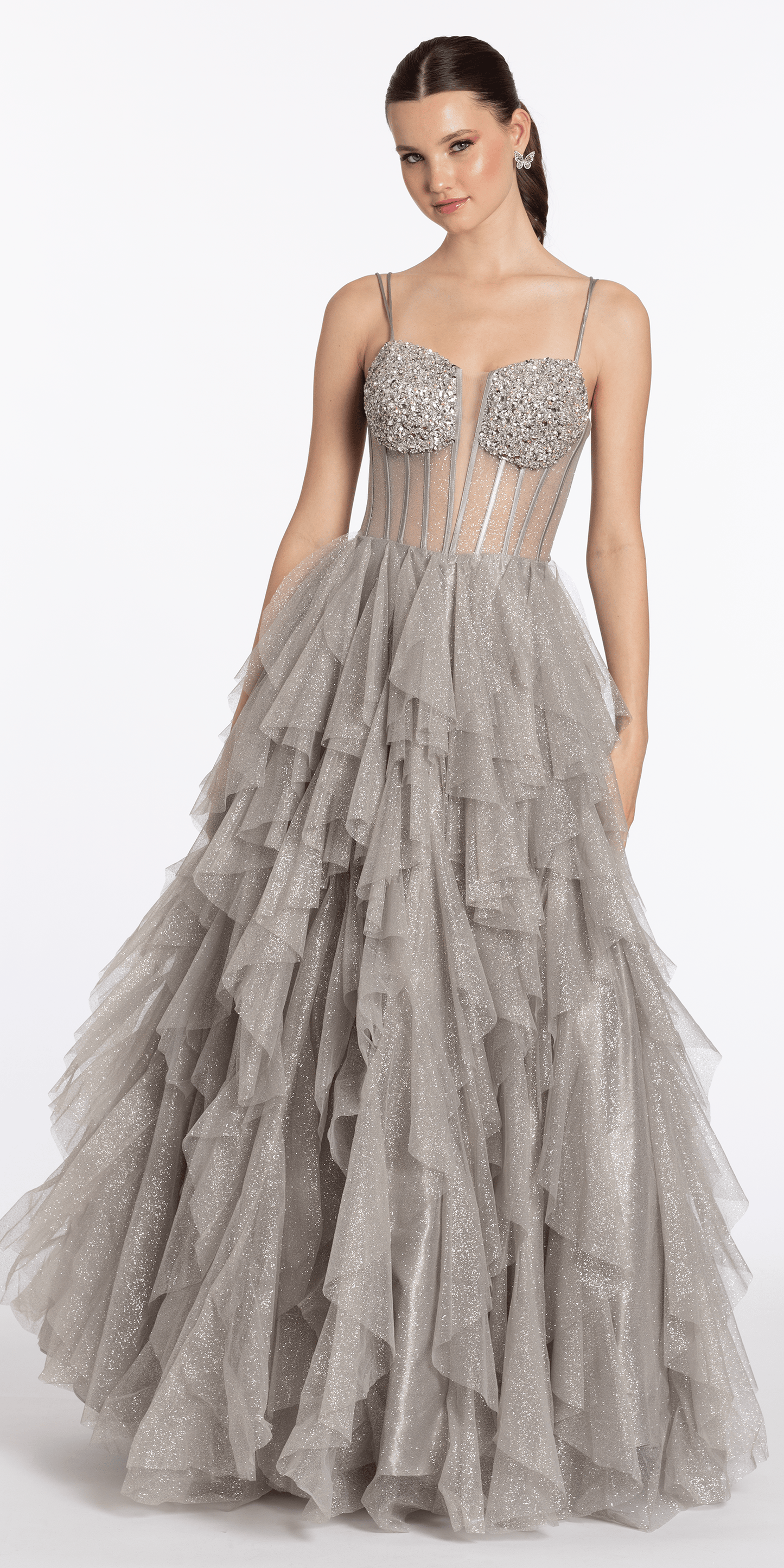 silver/size/4/missy/Camille La Vie/Strappy Back Rhinestone Corset Glitter Tulle Ballgown/ front alt 2