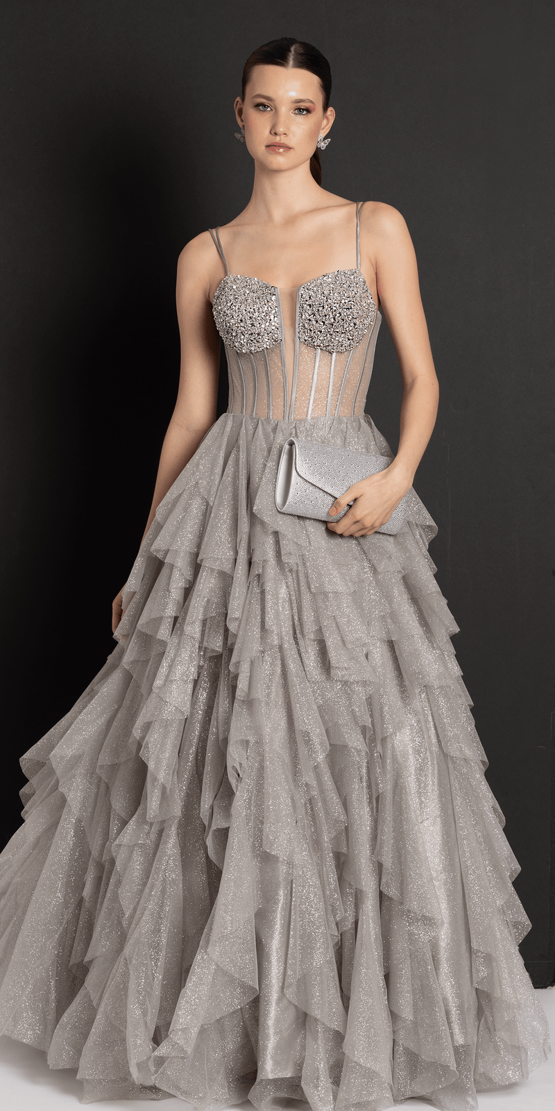silver/size/4/missy/Camille La Vie/Strappy Back Rhinestone Corset Glitter Tulle Ballgown /front alt