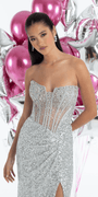 silver/size/4/missy/Camille La Vie/Sequin Strapless Corset Knit Column Dress with Ruching /close up
