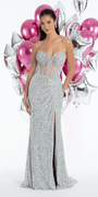 silver/size/4/missy/Camille La Vie/Sequin Strapless Corset Knit Column Dress with Ruching /front