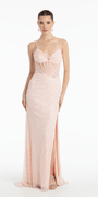 Fishnet Sequin Sweetheart Corset Column Dress with Pearl Detail Image 1