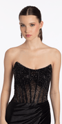black-gunmetal/size/4/missy/Camille La Vie/Open Back Strapless Corset Shimmer Spandex Column Dress/close up