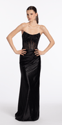 black-gunmetal/size/4/missy/Camille La Vie/Open Back Strapless Corset Shimmer Spandex Column Dress/front