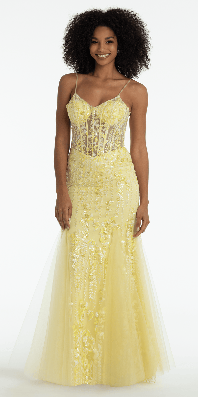 light-yellow/Size/4/ missy/Camille La Vie/Sequin V Neck Mesh Embroidered Mermaid Dress with Godets/front alt