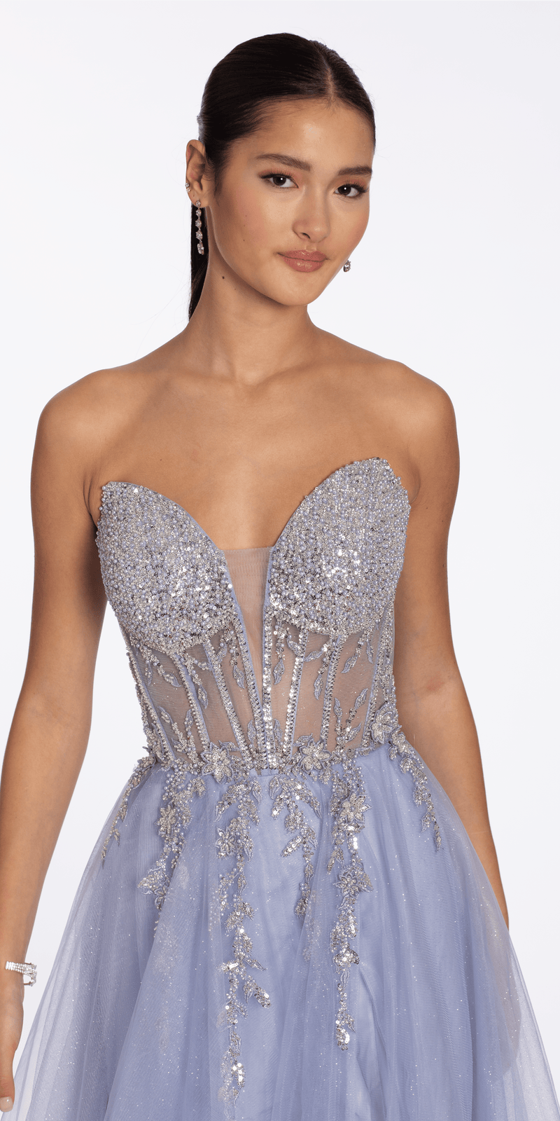 periwinkle/size/2/missy/Camille La Vie /Pearl Beaded Strapless Corset Glitter Mesh A Line Dress/close up