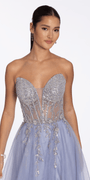 periwinkle/size/2/missy/Camille La Vie /Pearl Beaded Strapless Corset Glitter Mesh A Line Dress/close up