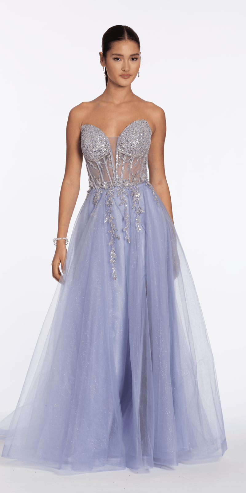 periwinkle/size/2/missy/Camille La Vie /Pearl Beaded Strapless Corset Glitter Mesh A Line Dress/front alt