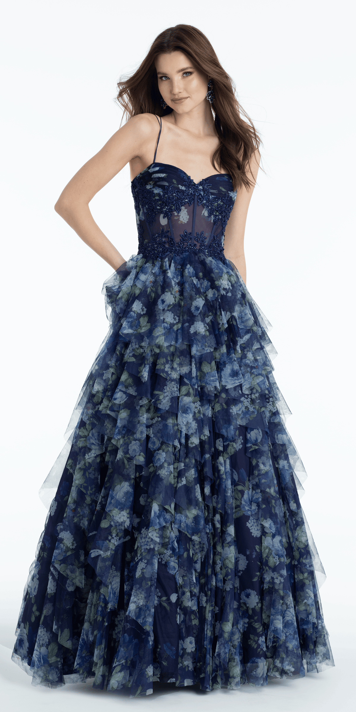 Floral Mesh Sweetheart Corset Tiered Ballgown with Embroidery missy / 10 / blue-multi