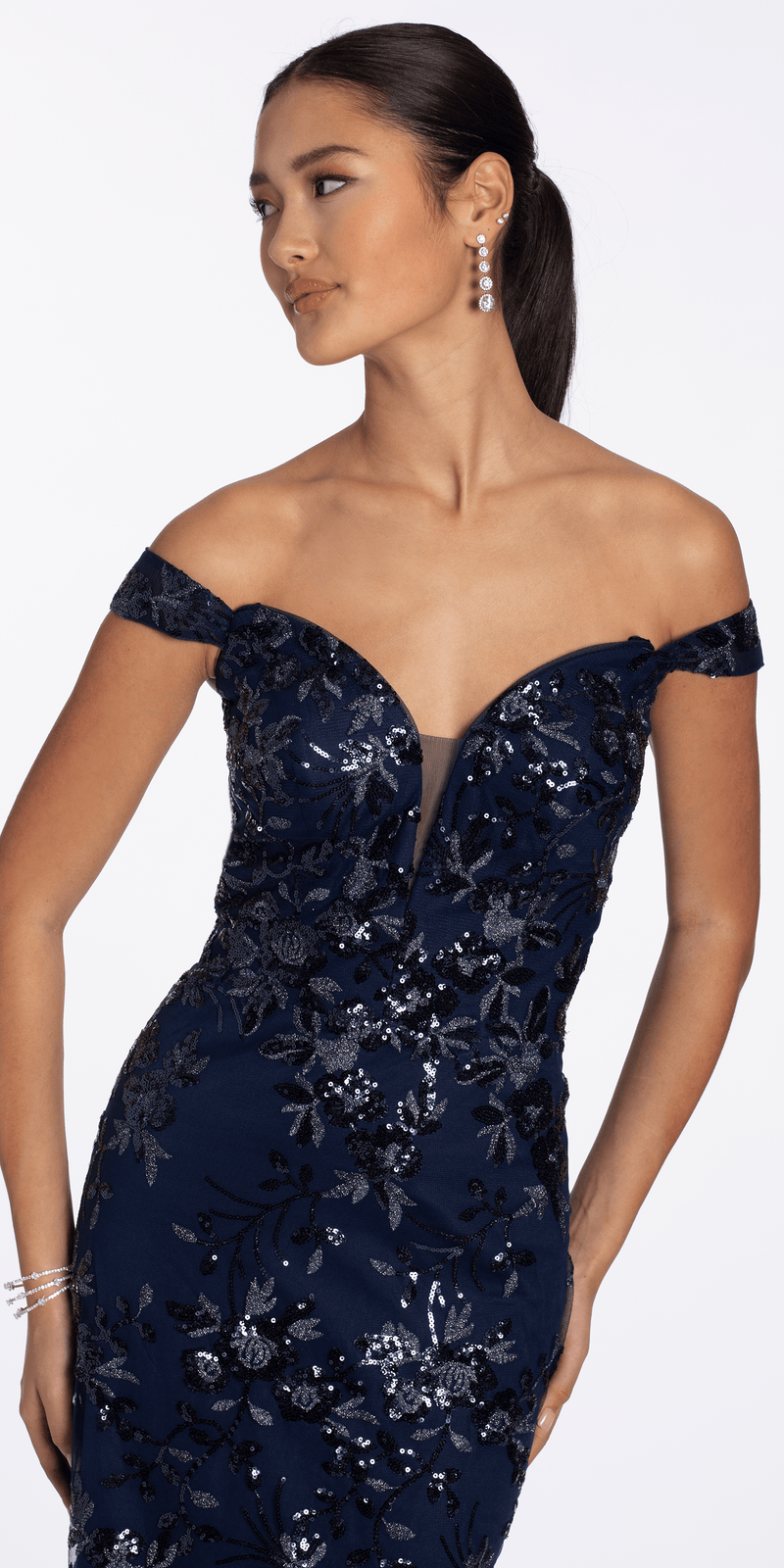 mermaid sequin bodycon dress Sequin Embellished Mesh Off the Shoulder Mermaid Dress with Godets missy / 12 / navy