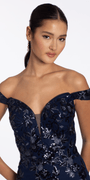 navy/size/4/missy/Camille La Vie/Sequin Embellished Mesh Off the Shoulder Mermaid Dress with Godets /close up Alt