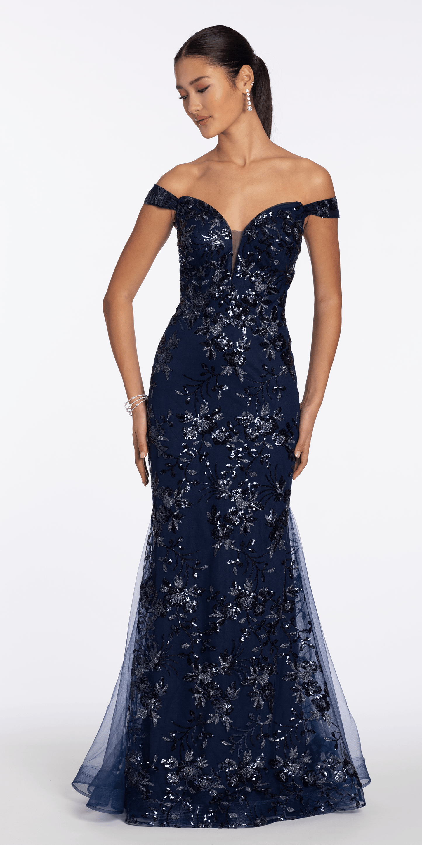 navy/size/4/missy/Camille La Vie/Sequin Embellished Mesh Off the Shoulder Mermaid Dress with Godets /front
