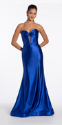 Camille La Vie Sateen Pleated Strapless Trumpet Dress with Heat Stones