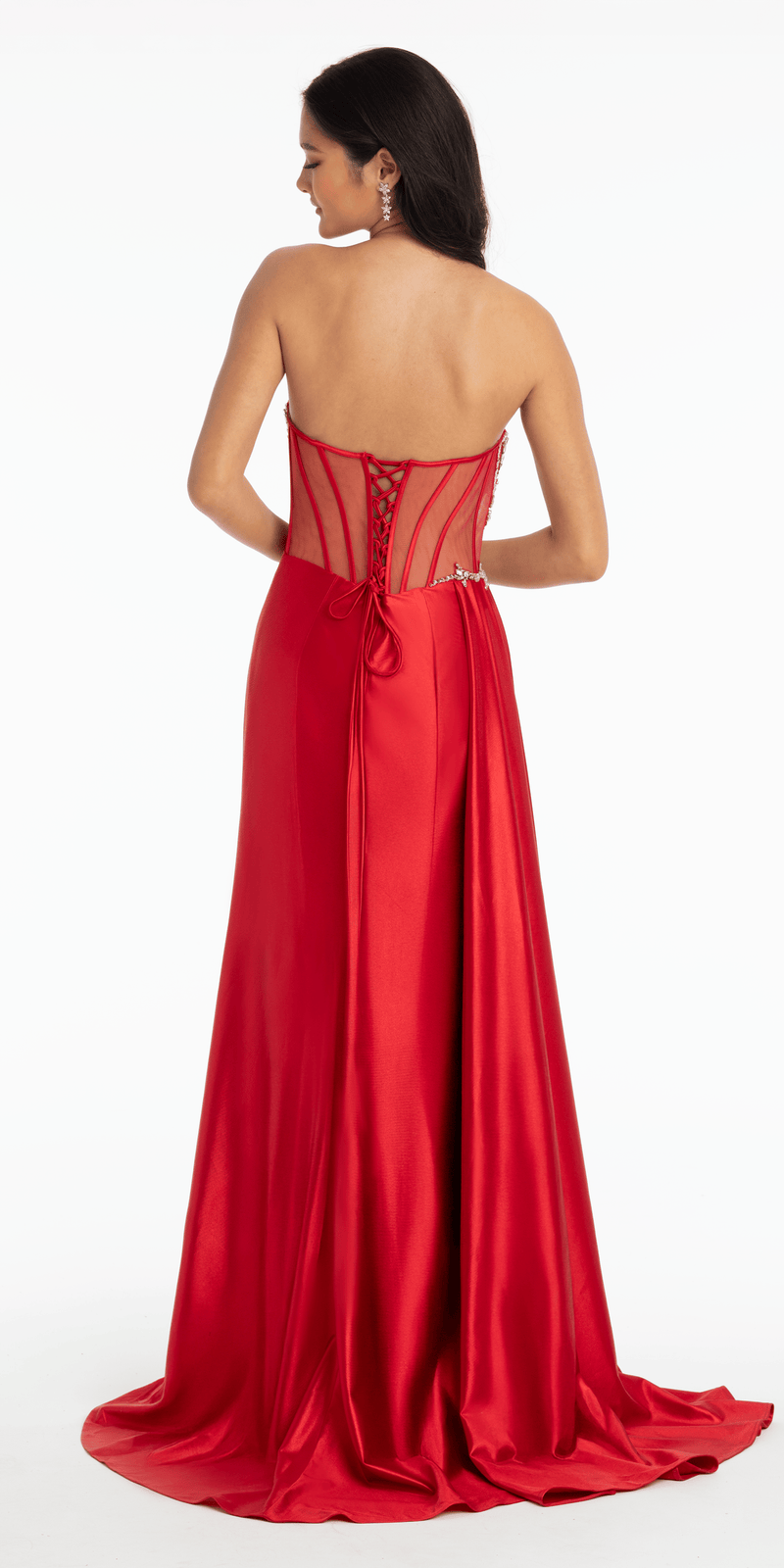 Rhinestone Satin Mock Two Piece Corset Column Dress with Side Train Missy / 14 / Red Rhinestone Satin Mock Two Piece Corset Column Dress with Side Train Missy / 14 / Red