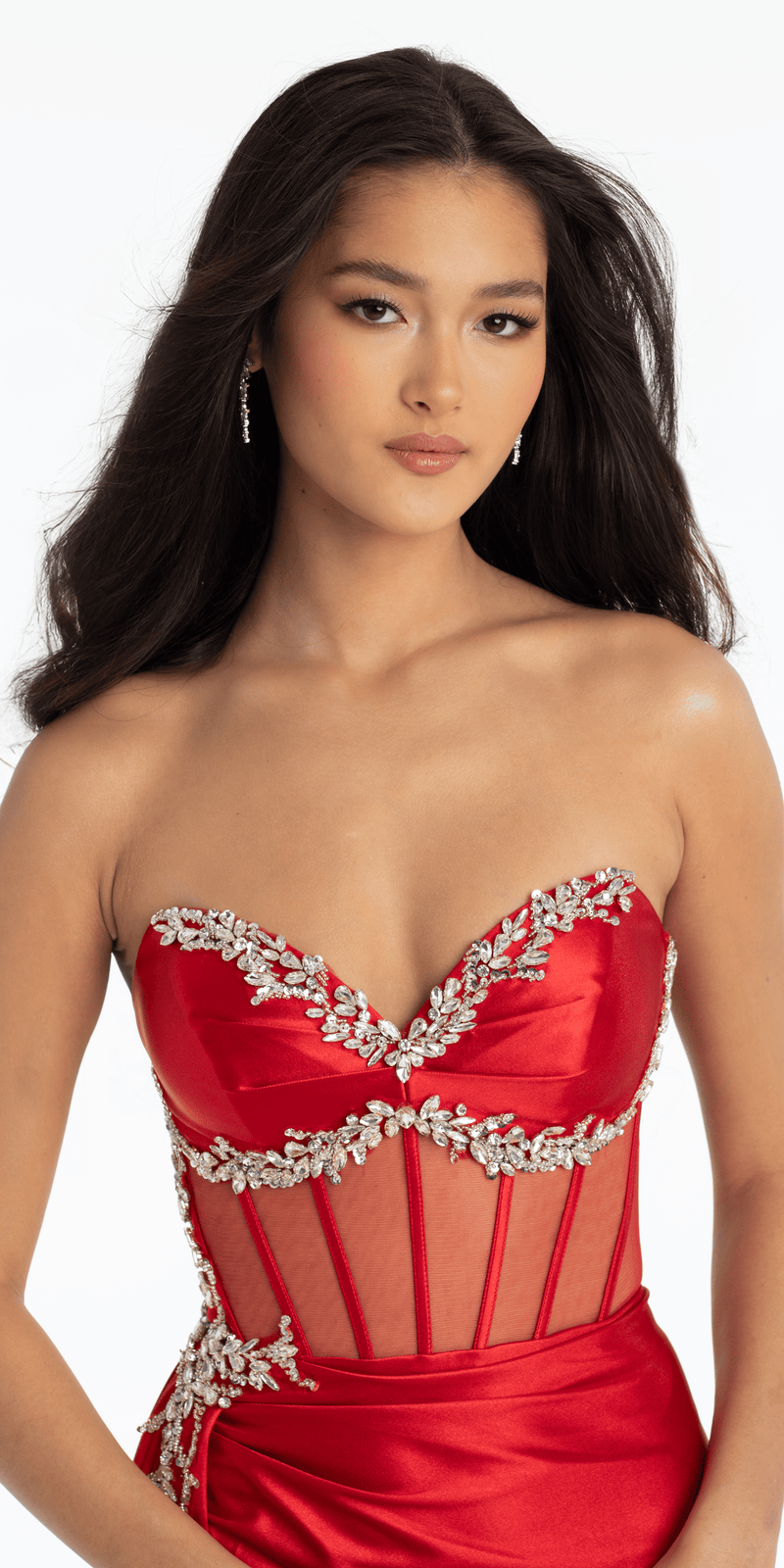 white christmas dresses Rhinestone Satin Mock Two Piece Corset Column Dress with Side Train Missy / 14 / Red