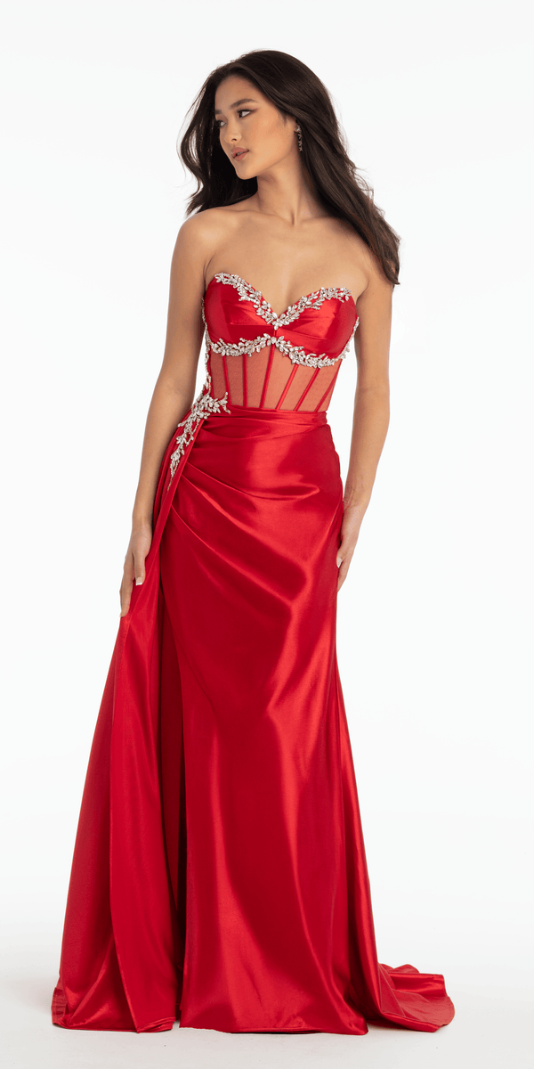 Rhinestone Satin Mock Two Piece Corset Column Dress with Side Train Image 1