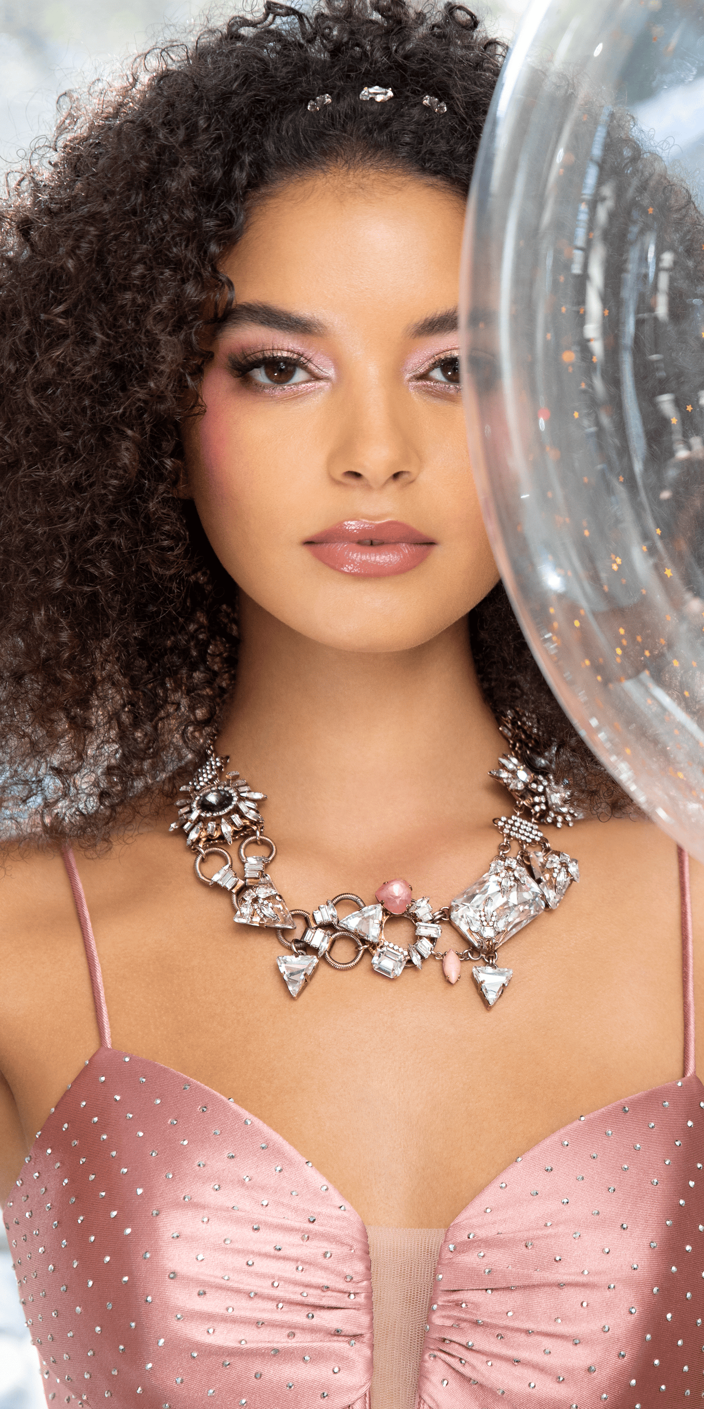 rose/size/4/missy/ Camille La Vie/Satin Plunge Trumpet Dress with Side Ruching and Heat Set Stones/lifestyle close up