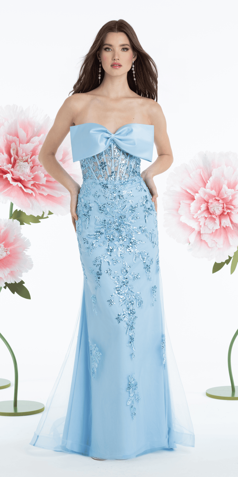 Mesh Embellished Bow Front Sheer Corset Column Dress missy / 00 / light-blue