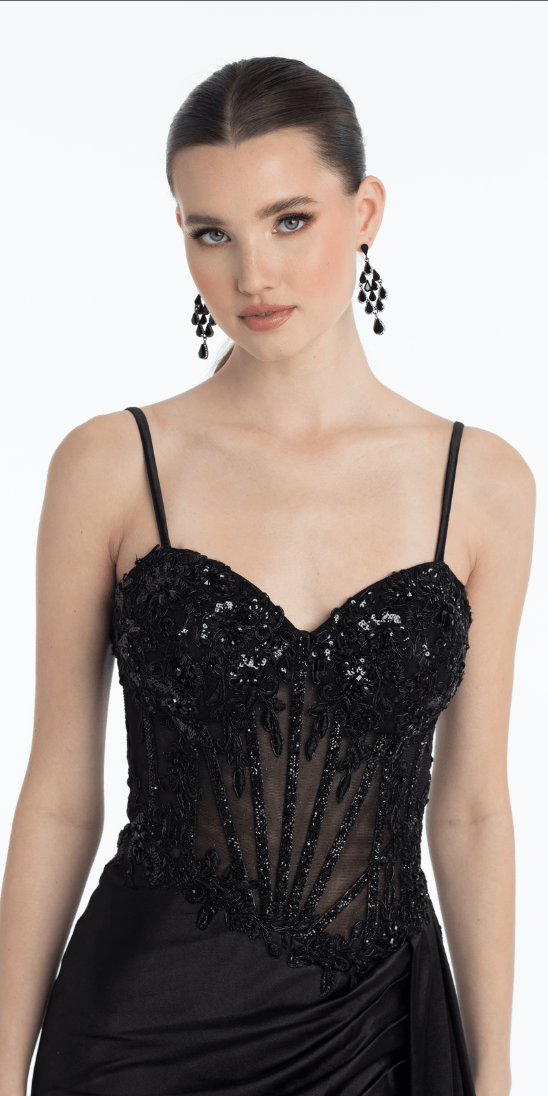black/size/4/missy/Camille La Vie/Embellished Sweetheart Corset Column Dress with Side Drape/close up