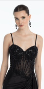 black/size/4/missy/Camille La Vie/Embellished Sweetheart Corset Column Dress with Side Drape/close up