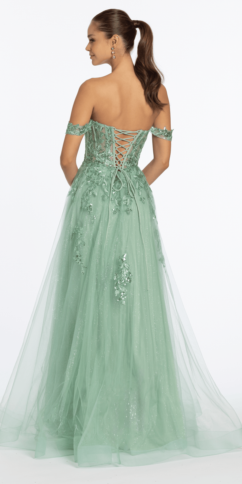 Sequin Embroidered Off the Shoulder Tulle Corset Ballgown - Camille La Vie