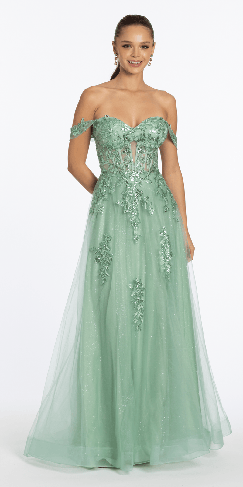 Sequin Embroidered Off the Shoulder Tulle Corset Ballgown - Camille La Vie