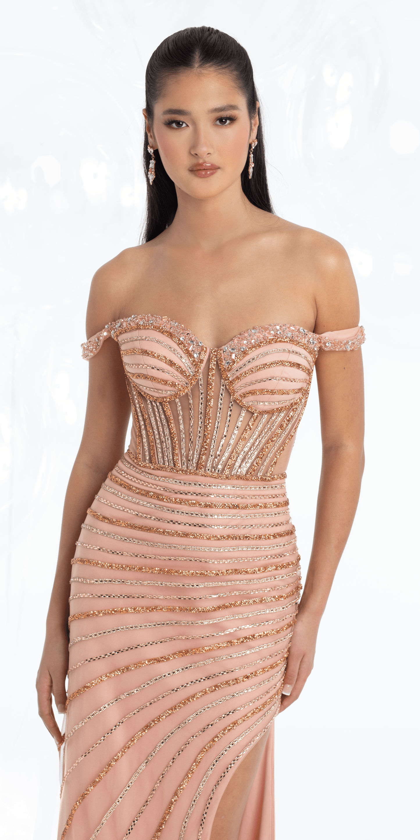 Camille La Vie Mesh Rhinestone Linear Stripe Off the Shoulder Trumpet Dress