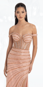 Camille La Vie Mesh Rhinestone Linear Stripe Off the Shoulder Trumpet Dress