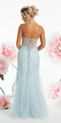 Mesh Halter Mermaid Corset Dress with 3D Florals and Pearl Detail Image 3